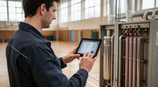 Technicien réalisant un audit énergétique dans un gymnase municipal pour optimisation CEE