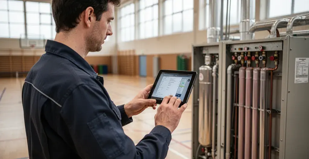 Technicien réalisant un audit énergétique dans un gymnase municipal pour optimisation CEE