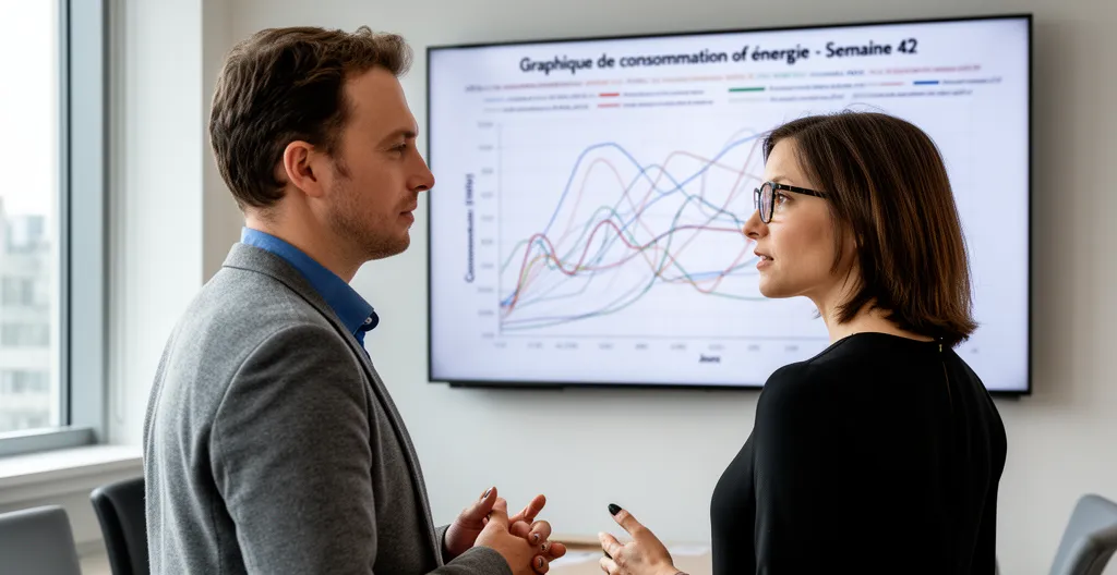Deux professionnels analysant des données de consommation énergétique sur écran