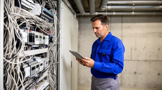 Consultant énergie analysant tableau électrique lors d'un audit énergétique en entreprise