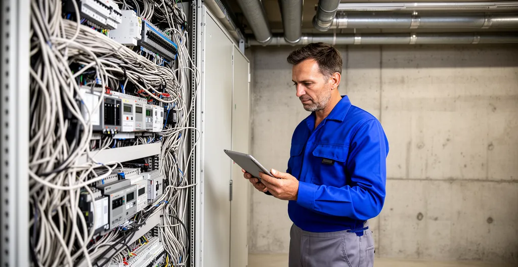 Consultant énergie analysant tableau électrique lors d'un audit énergétique en entreprise